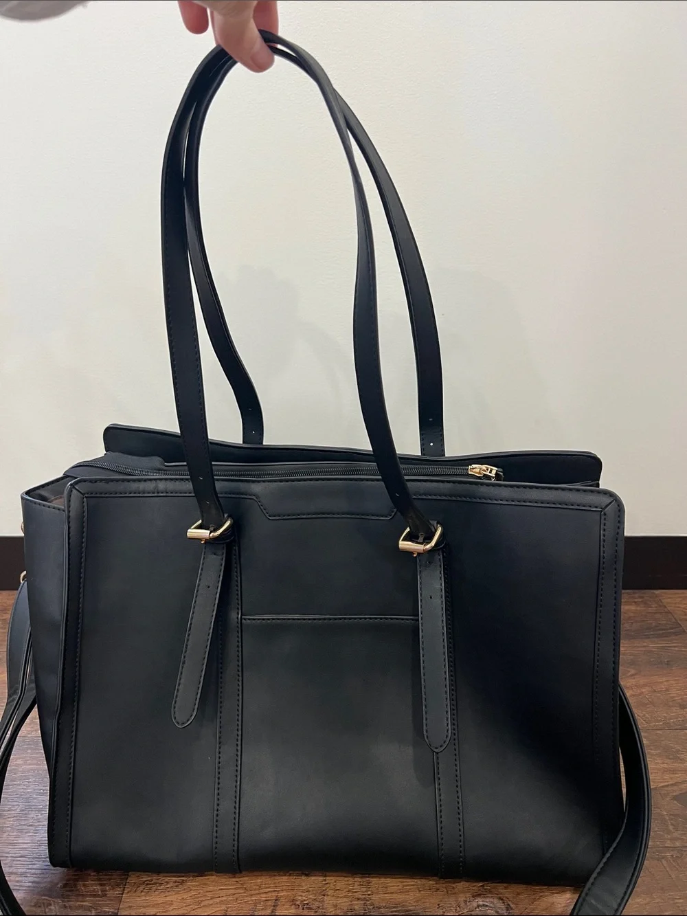 Black Leather Women’s Laptop Bag with Gold Accents